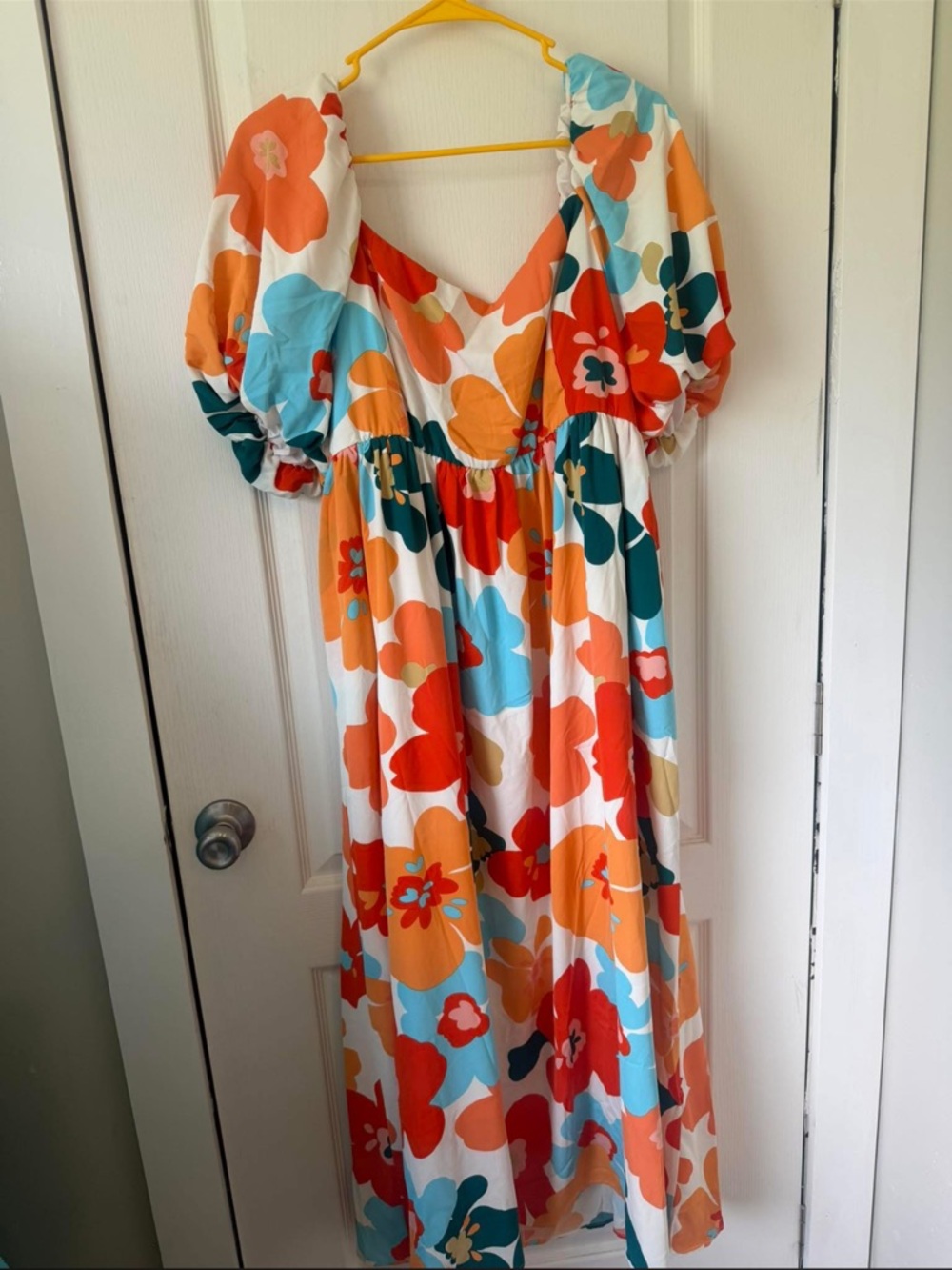 Floral Puff-Sleeve Maxi Dress in Orange & Blue